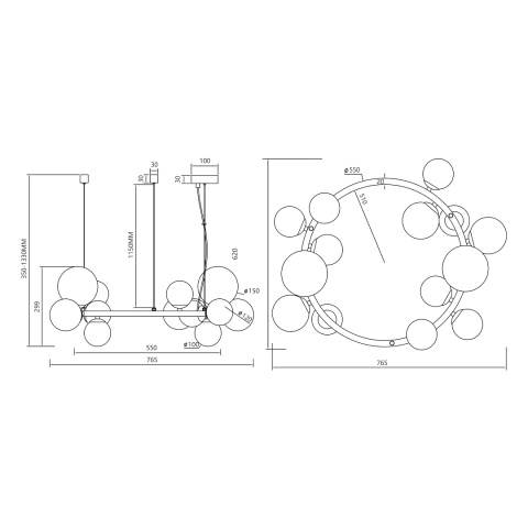 Lampa wisząca MILA - zwis 14xG9 czarna 76,6 cm Milagro