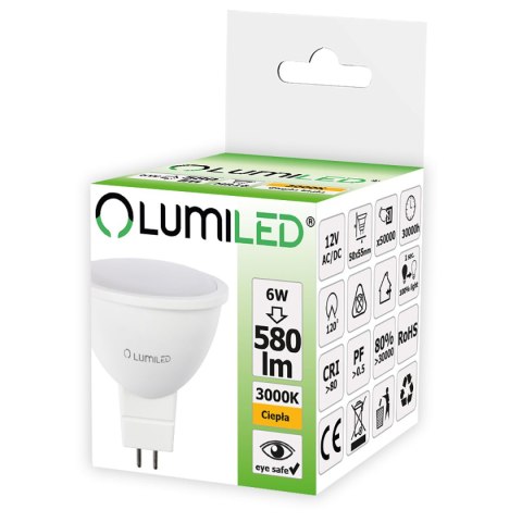 Żarówka LED 12V DC/AC MR16 6W = 60W 580lm 3000K Ciepła 120° LUMILED