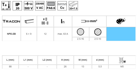 Izolowana szyna (N/PE), zamknięta, niebieska 63A, 6×9mm, 12P, IP20