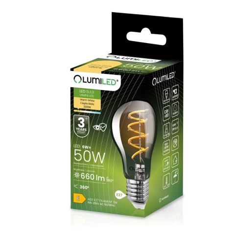 Żarówka LED A60 E27 6W = 50W 660lm 2200K Ciepła 360° Filament Dymiona