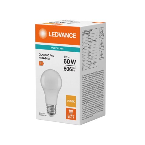 Żarówka LED A60 E27 8W = 60W 806lm 2700K Ciepła Biała LEDVANCE