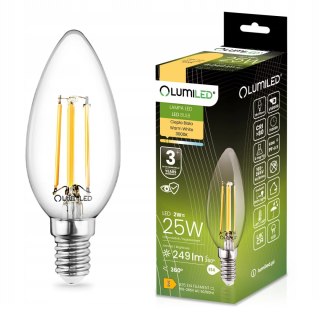 Żarówka LED E14 B35 2W = 25W 249lm 3000K Ciepła 360° Filament Świeczka