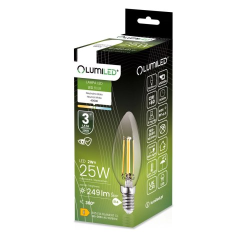 Żarówka LED E14 B35 2W = 25W 249lm 4000K Neutralna 360° Filament