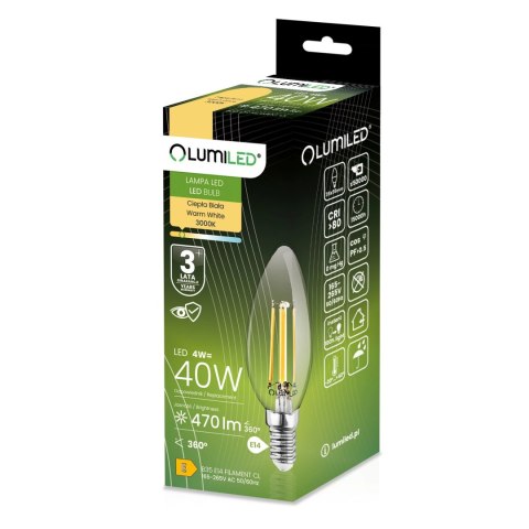Żarówka LED E14 B35 4W = 40W 470lm 3000K Ciepła 360° Filament Świeczka
