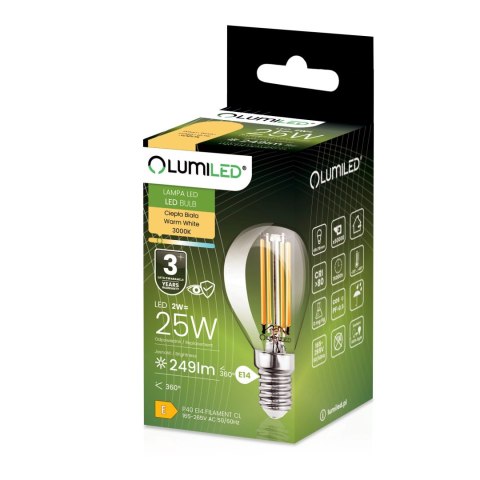 Żarówka LED E14 P40 2W = 25W 249lm 3000K Ciepła 360° Filament