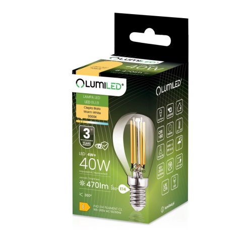 Żarówka LED E14 P40 4W = 40W 470lm 3000K Ciepła 360° Filament