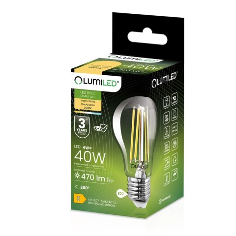 Żarówka LED E27 A60 4W = 40W 470lm 3000K Ciepła 360° Filament