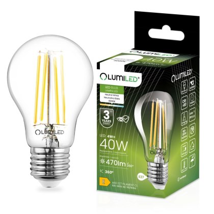 Żarówka LED E27 A60 4W = 40W 470lm 4000K Neutralna 360° Filament