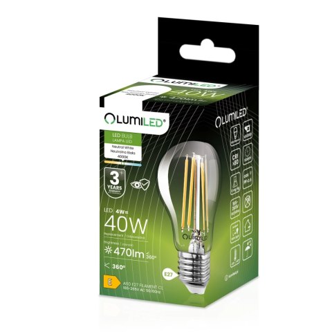 Żarówka LED E27 A60 4W = 40W 470lm 4000K Neutralna 360° Filament