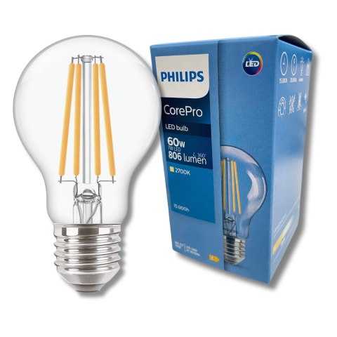 Żarówka LED E27 A60 7W = 60W 806lm 2700K ciepła FILAMENT PHILIPS