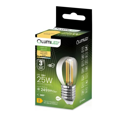 Żarówka LED E27 P40 Filament 2W = 25W 249lm 3000K Ciepła 360° Kulka