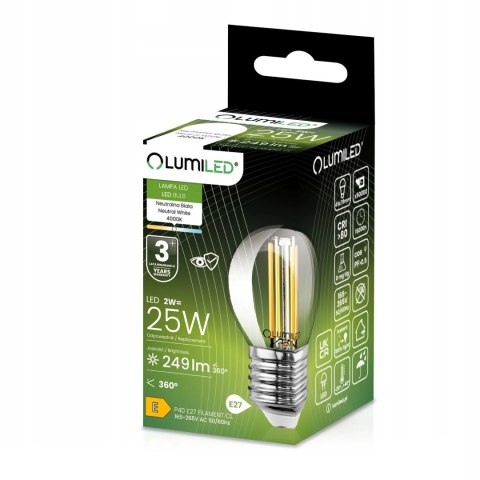 Żarówka LED E27 P40 Filament 2W = 25W 249lm 4000K Neutralna 360° Kulka