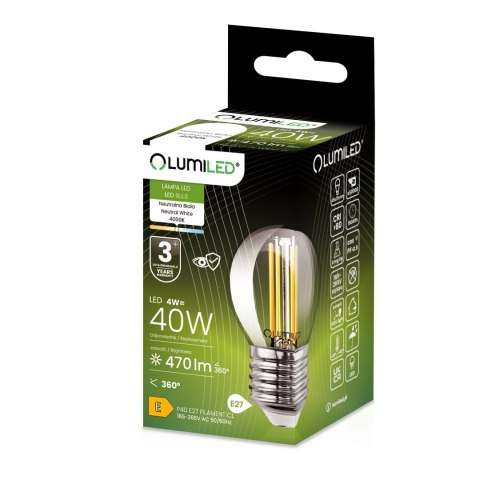 Żarówka LED E27 P40 Filament 4W = 40W 470lm 4000K Neutralna 360° Kulka