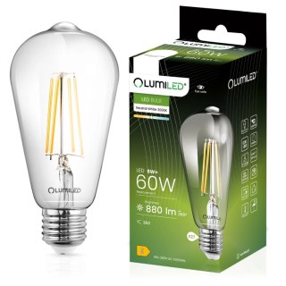 Żarówka LED E27 ST64 8W = 60W 880lm 4000K Neutralna 360° Filament