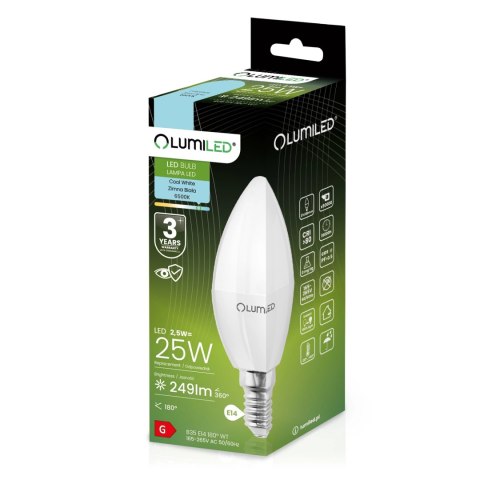 Żarówka LED Świeczka B35 E14 2,5W = 25W 249lm 6500K Zimna 180°