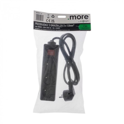 Przedłużacz 1,5m sieciowy z uziemieniem 3x1mm 3 Gniazda włącznik 13A Czarny