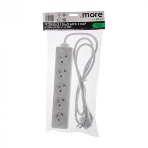 Przedłużacz 1,5m sieciowy z uziemieniem 3x1mm 5 Gniazd 13A Biały