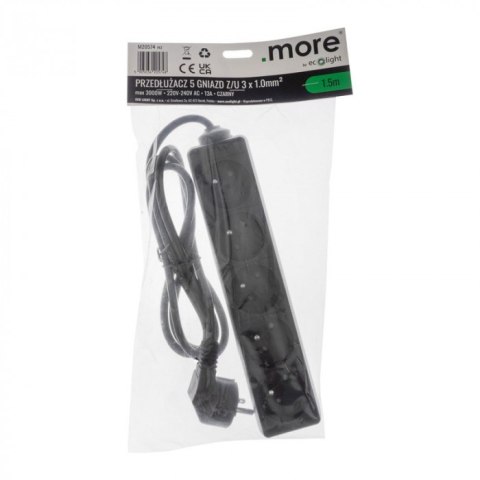 Przedłużacz 1,5m sieciowy z uziemieniem 3x1mm 5 Gniazd 13A Czarny