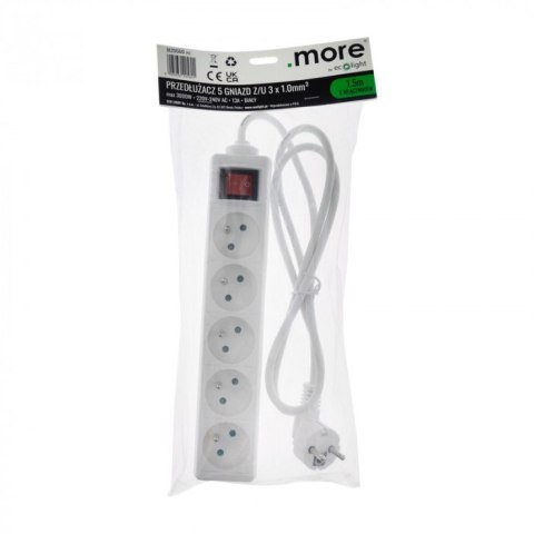 Przedłużacz 1,5m sieciowy z uziemieniem 3x1mm 5 Gniazd włącznik 13A Biały