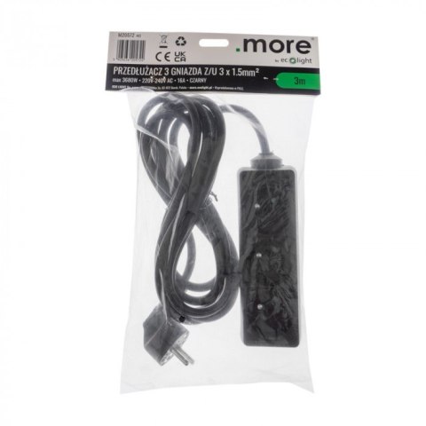 Przedłużacz 3m sieciowy z uziemieniem 3x1,5mm 3 Gniazda 16A Czarny