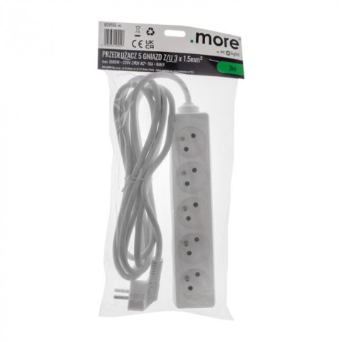 Przedłużacz 3m sieciowy z uziemieniem 3x1,5mm 5 Gniazd 16A Biały