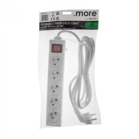 Przedłużacz 3m sieciowy z uziemieniem 3x1,5mm 5 Gniazd włącznik 16A Biały