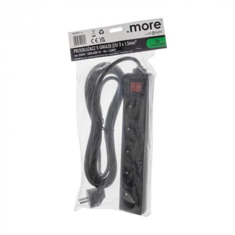 Przedłużacz 3m sieciowy z uziemieniem 3x1,5mm 5 Gniazd włącznik 16A Czarny