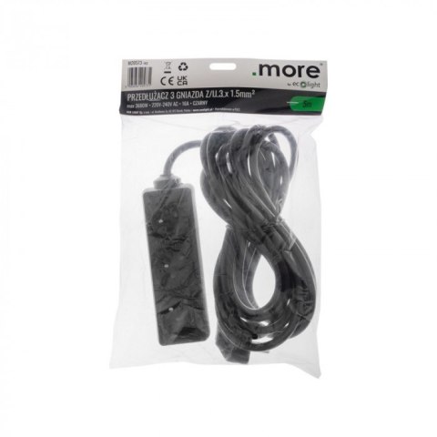 Przedłużacz 5m sieciowy z uziemieniem 3x1,5mm 3 Gniazda 16A Czarny