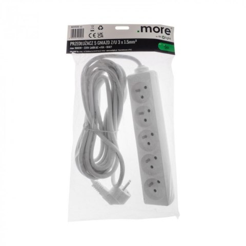 Przedłużacz 5m sieciowy z uziemieniem 3x1,5mm 5 Gniazd 16A Biały