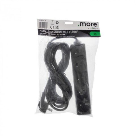Przedłużacz 5m sieciowy z uziemieniem 3x1,5mm 5 Gniazd 16A Czarny