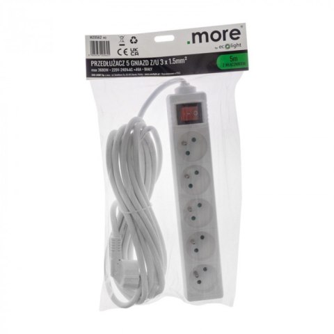 Przedłużacz 5m sieciowy z uziemieniem 3x1,5mm 5 Gniazd włącznik 16A Biały
