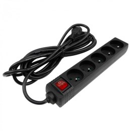 Przedłużacz 5m sieciowy z uziemieniem 3x1,5mm 5 Gniazd włącznik 16A Czarny