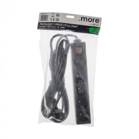 Przedłużacz 5m sieciowy z uziemieniem 3x1,5mm 5 Gniazd włącznik 16A Czarny