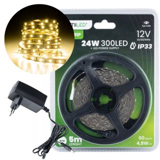 Taśma LED Pasek 12V 24W 300LED SMD 2835 Neutralna 8mm 5m + Zasilacz Zestaw