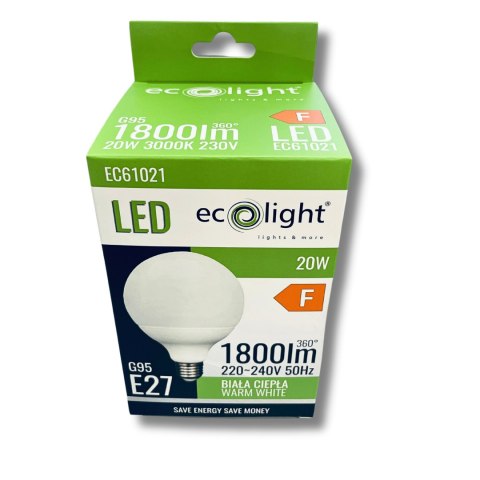 ŻARÓWKA LED E27 20W 3000K BARWA CIEPŁA 1800lm MOCNA G95