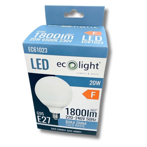 ŻARÓWKA LED E27 20W 6500K Barwa Zimna 1800lm MOCNA G95 Kula