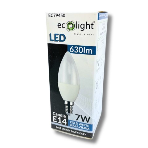 Żarówka E14 LED ŚWIECZKA 7W 630lm Barwa Zimna 6500K 180° Energooszczędna
