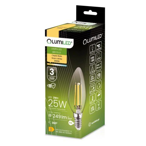 Żarówka LED E14 B35 2W = 25W 249lm 3000K Ciepła 360° Filament Świeczka
