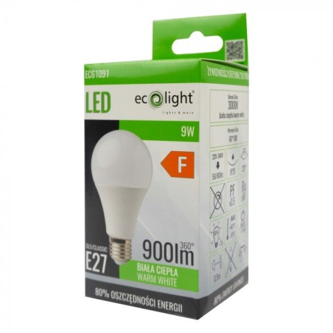 Żarówka LED E27 9W 3000K Barwa Ciepła 900lm A60