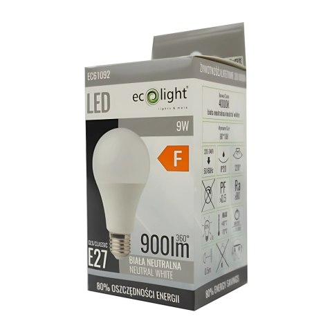 Żarówka LED E27 9W 4000K Barwa Neutralna 900lm A60