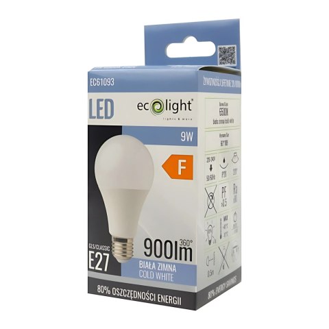 Żarówka LED E27 9W 6500K Barwa Zimna 900lm A60