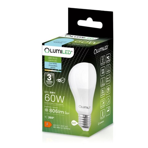 Żarówka LED E27 A60 8W = 60W 806lm 6500K Zimna 260° LUMILED