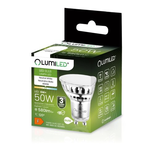 Żarówka LED GU10 6W = 50W 580lm 4000K Neutralna 120° Szklana LUMILED