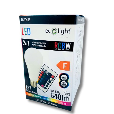 Żarówka LED RGBW z pilotem E27 8W 640lm Światło kolorowe i białe ciepłe