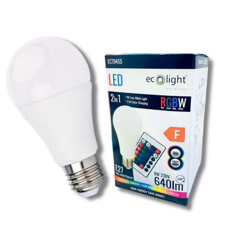 Żarówka LED RGBW z pilotem E27 8W 640lm Światło kolorowe i białe ciepłe