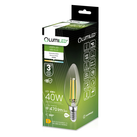 Żarówka LED E14 B35 4W = 40W 470lm 4000K Neutralna 360° Filament