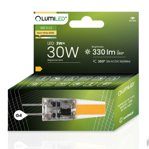 Żarówka LED G4 3W = 30W 330lm 3000K 12V COB 360° Filament Energooszczędna