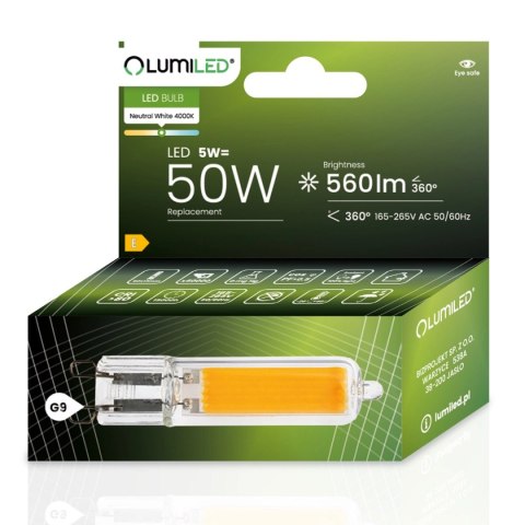 Żarówka LED G9 Kapsułka 5W = 50W 560lm 4000K Neutralna 360° FILAMENT