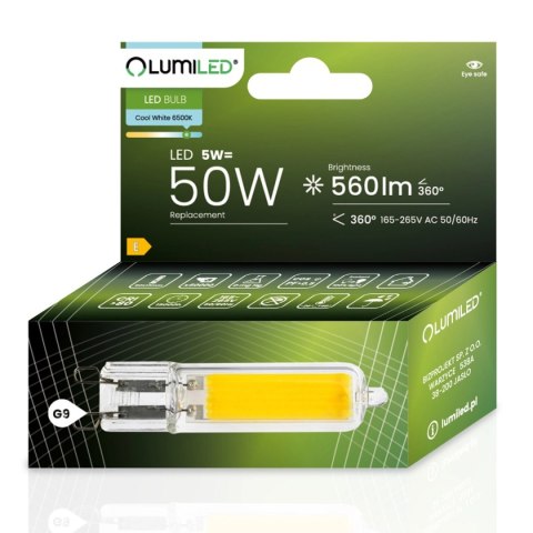 Żarówka LED G9 Kapsułka 5W = 50W 560lm 6500K Zimna 360° FILAMENT