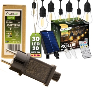 Girlanda Solarna Ogrodowa 20M 30x LED PILOT Ściemnialna Adapter 230V Taras